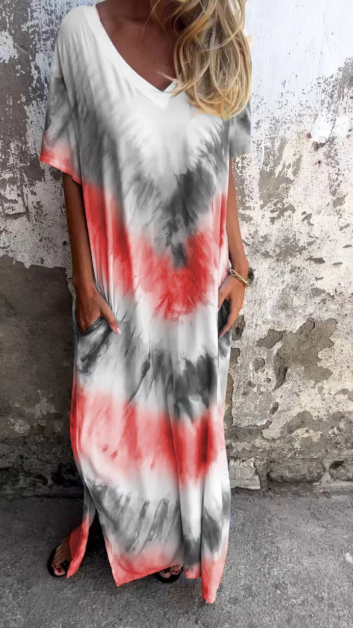 Tie-Dye V-Hals Lange Comfortabele Jurk
