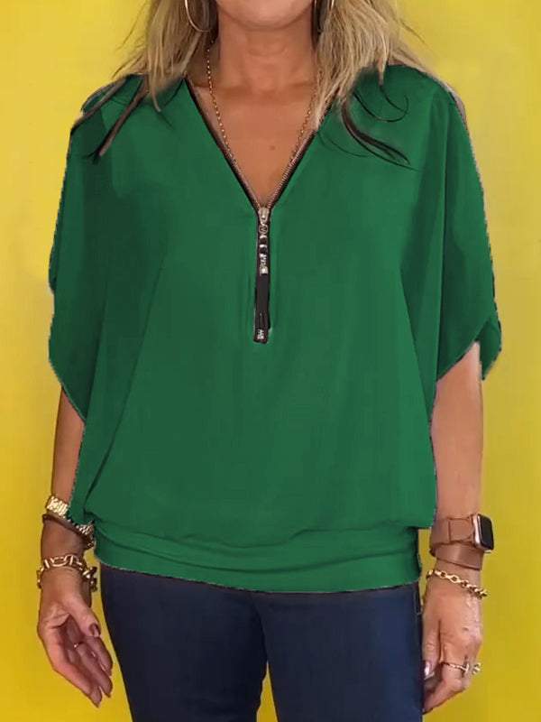 Chiffon halflange rits korte mouwen casual top
