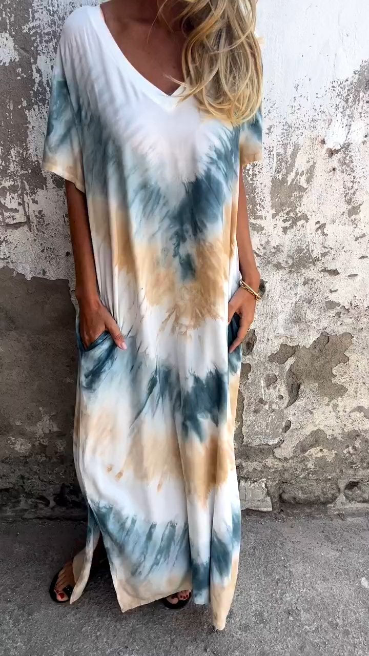 Tie-Dye V-Hals Lange Comfortabele Jurk