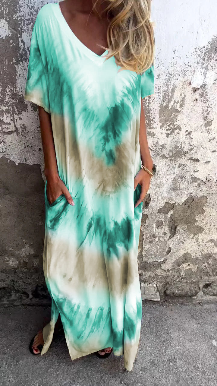 Tie-Dye V-Hals Lange Comfortabele Jurk