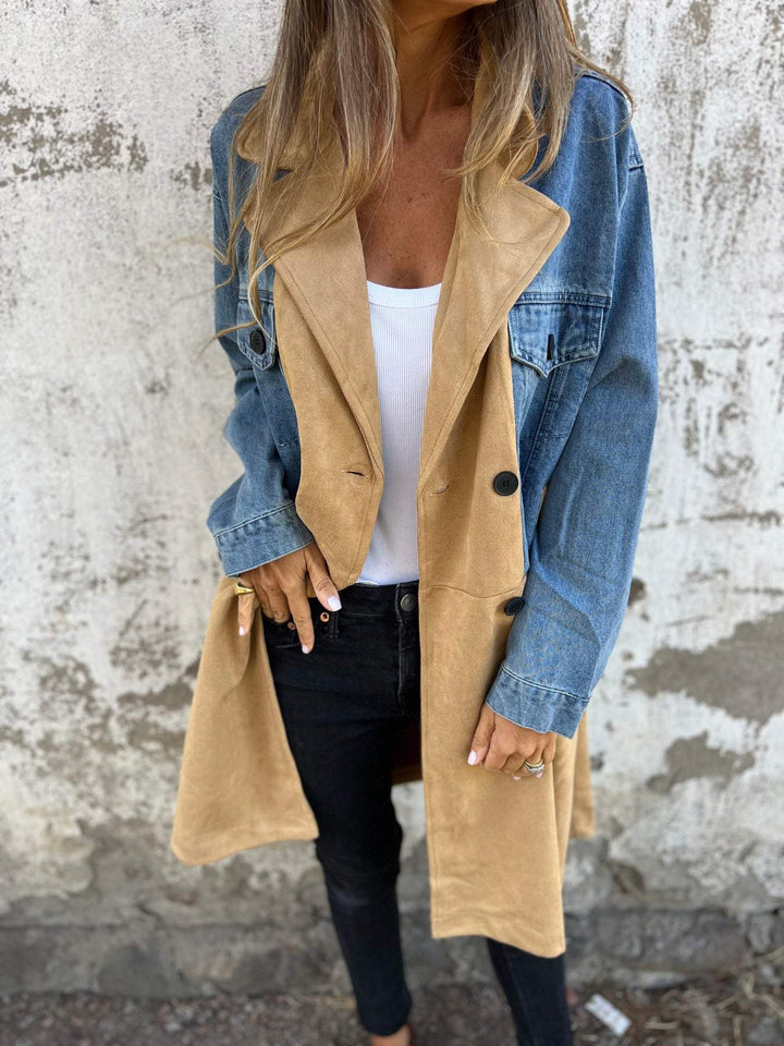 Lapel Denim Patchwork Design Jas