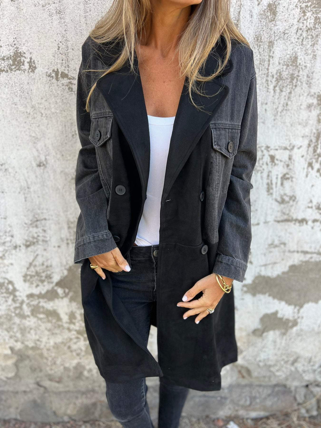 Lapel Denim Patchwork Design Jas