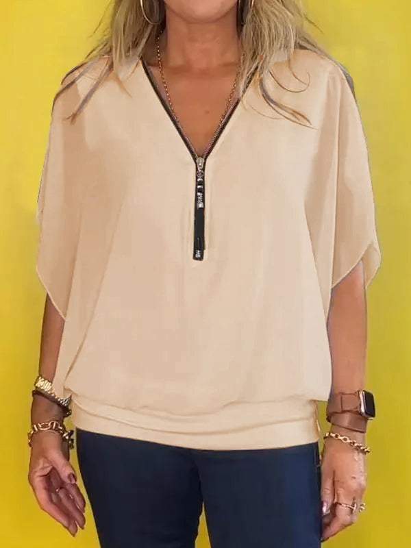 Chiffon halflange rits korte mouwen casual top