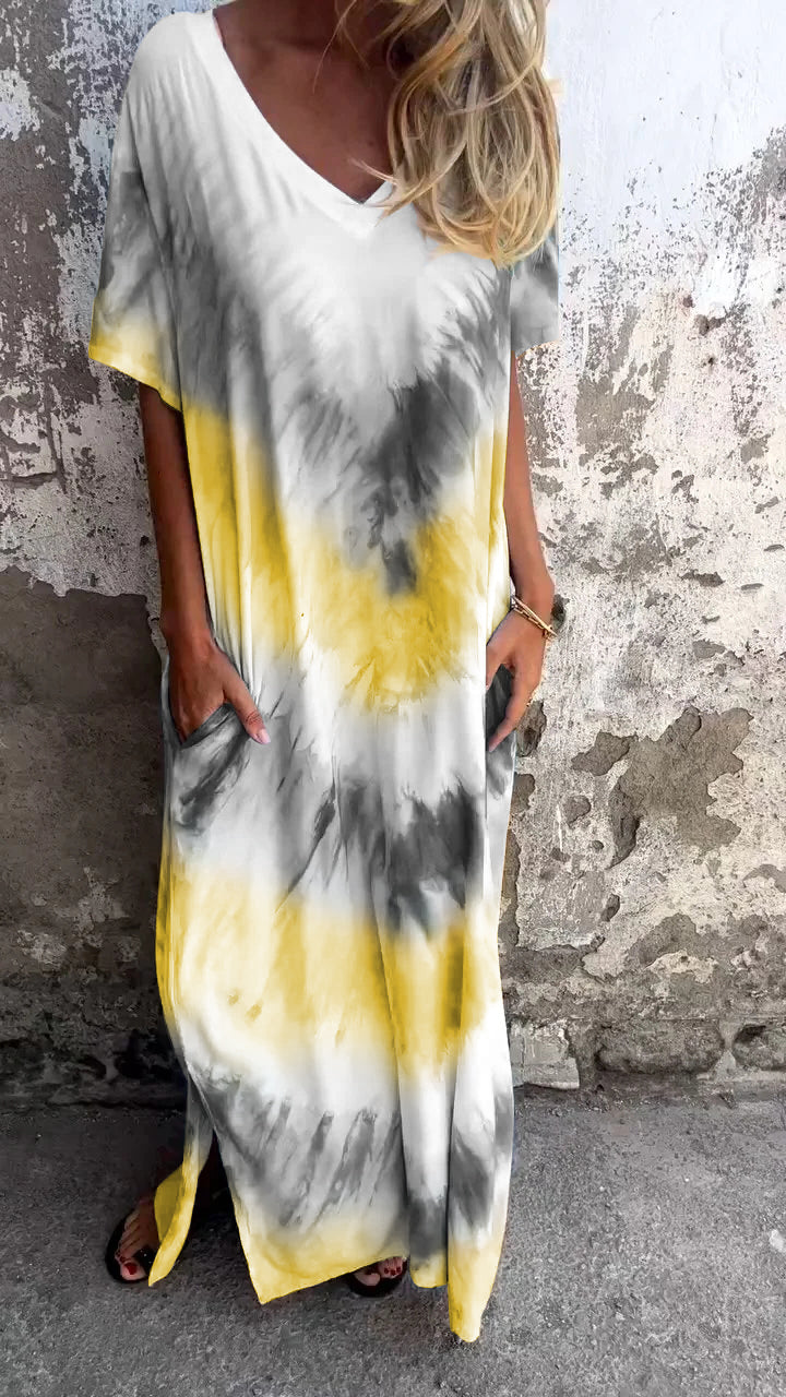Tie-Dye V-Hals Lange Comfortabele Jurk