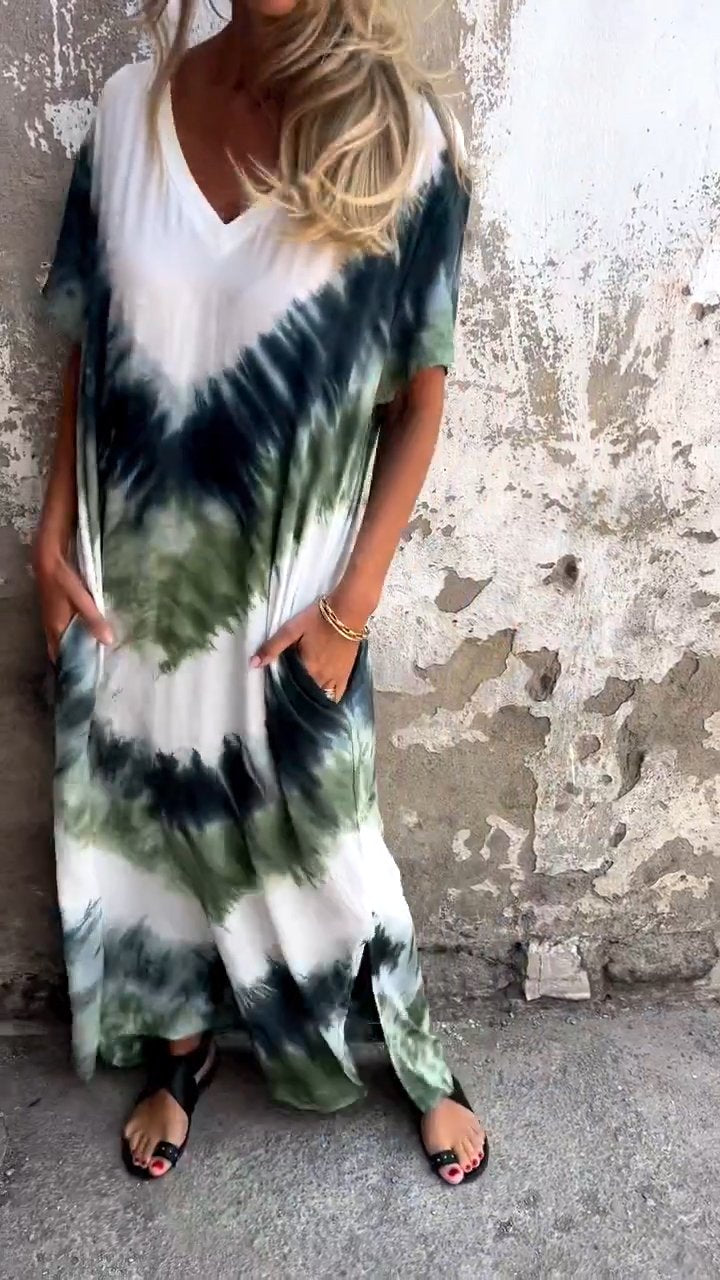 Tie-Dye V-Hals Lange Comfortabele Jurk