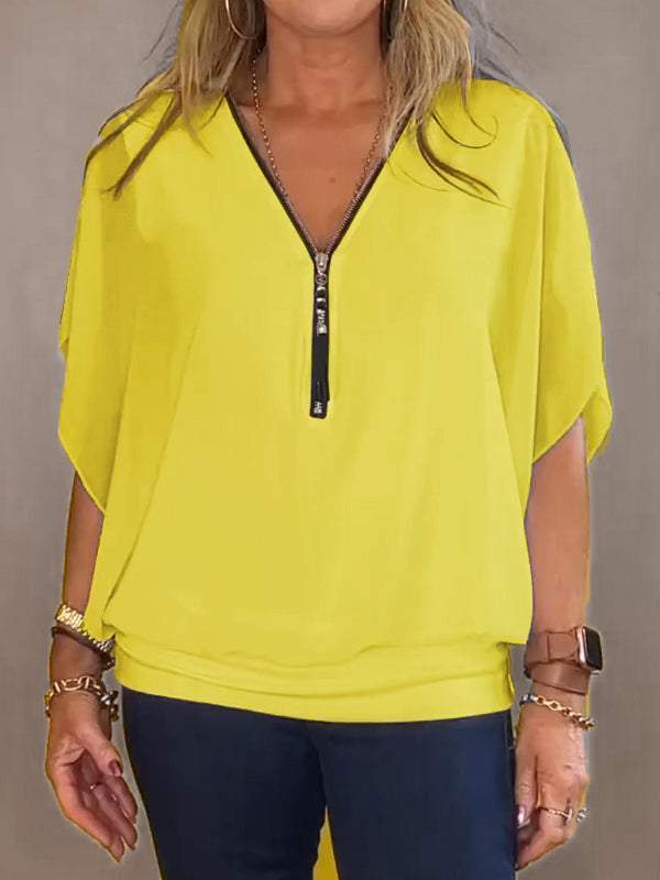Chiffon halflange rits korte mouwen casual top