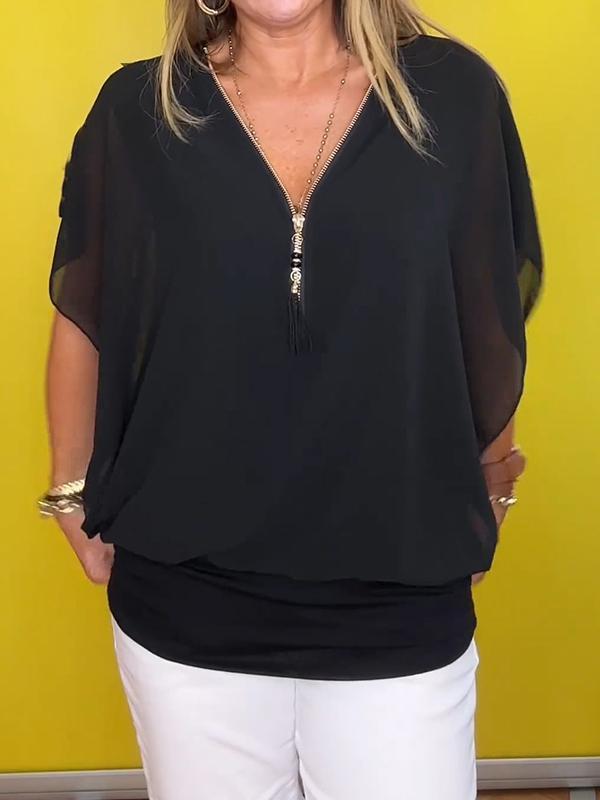 Chiffon halflange rits korte mouwen casual top