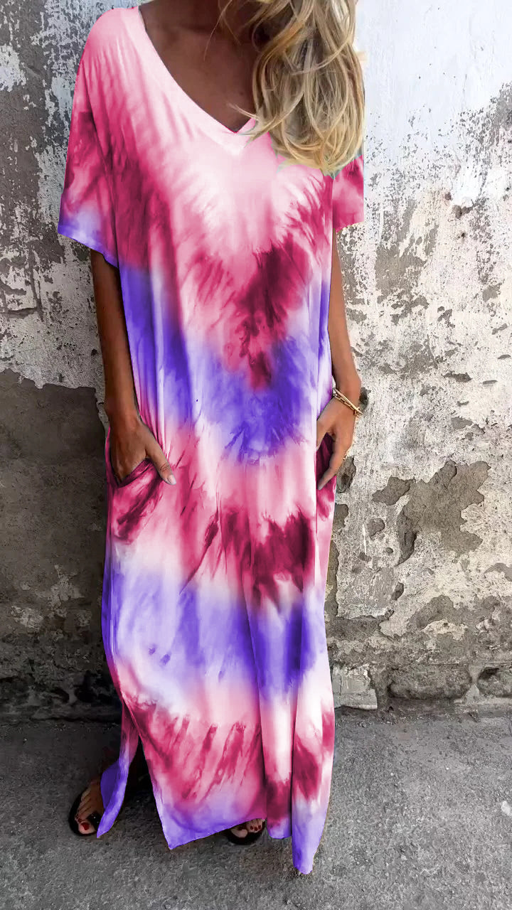 Tie-Dye V-Hals Lange Comfortabele Jurk