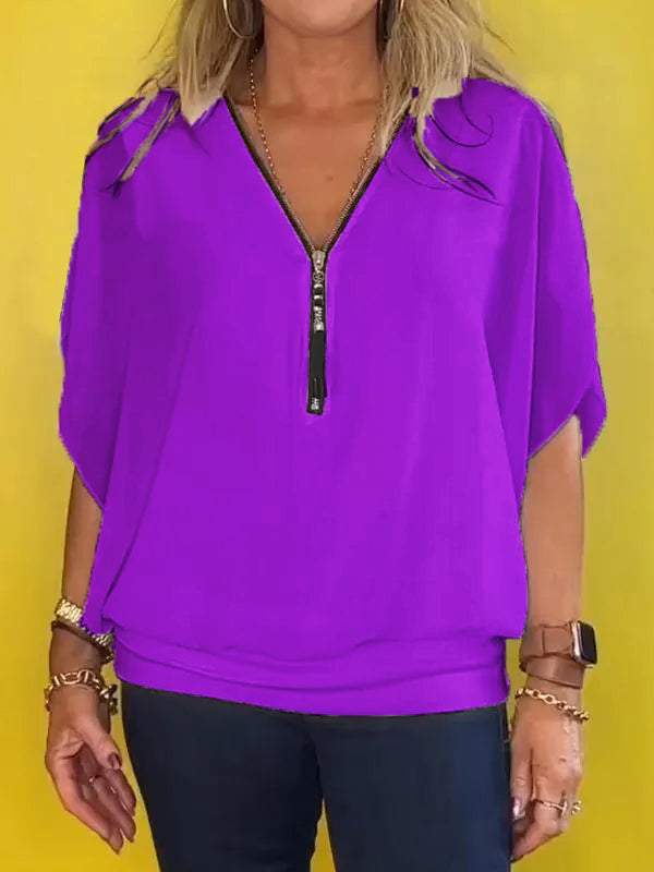 Chiffon halflange rits korte mouwen casual top